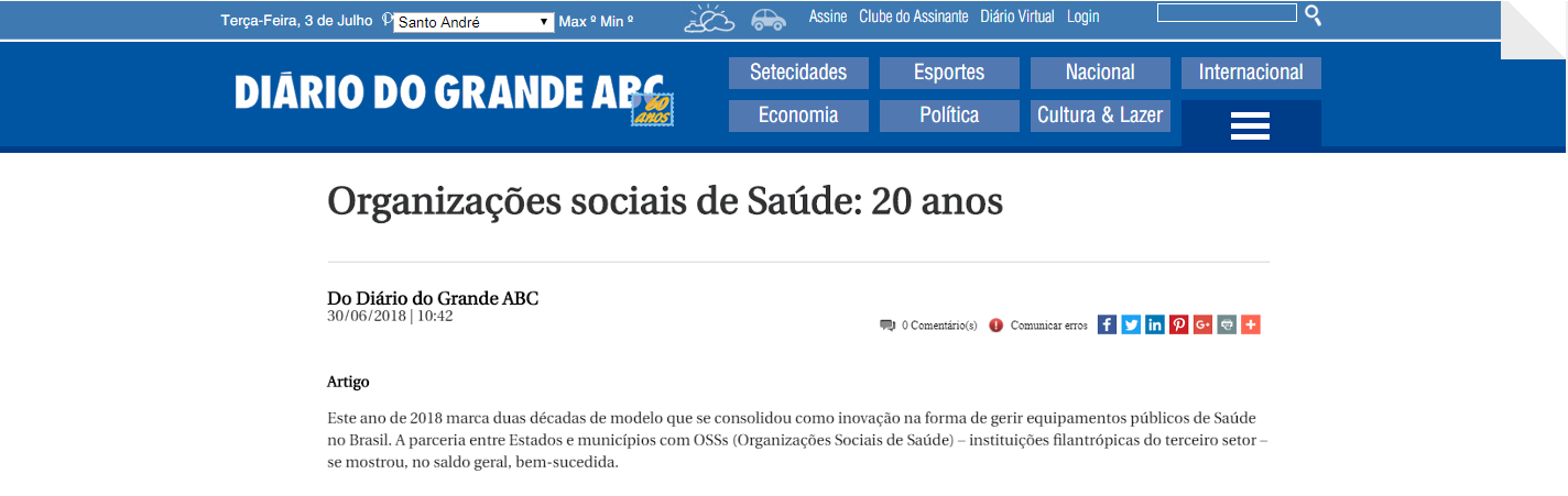 Diário do Grande ABC destaca 20 anos do modelo de OSS