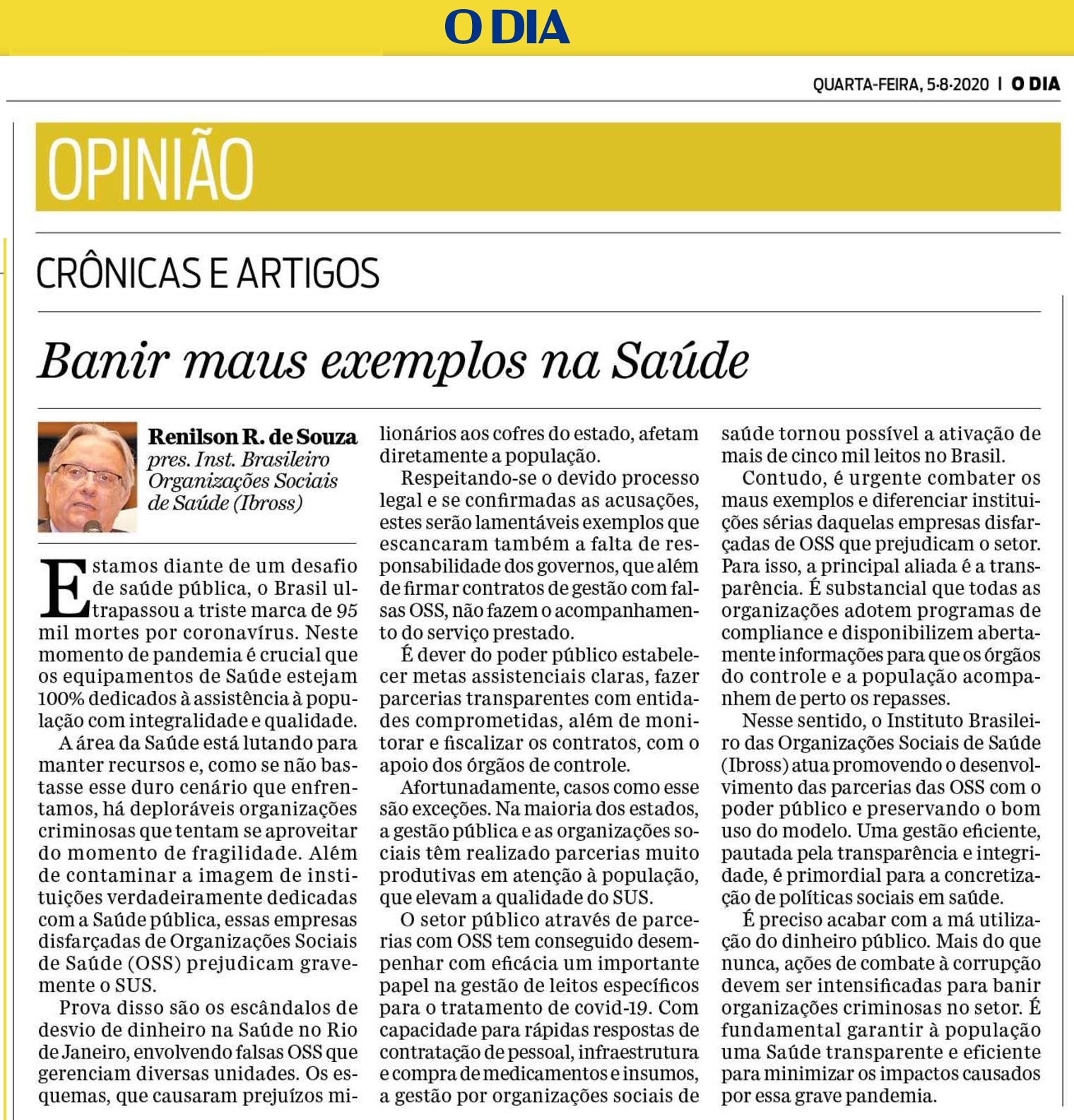 Artigo do presidente do Ibross é publicado no jornal O Dia (RJ)