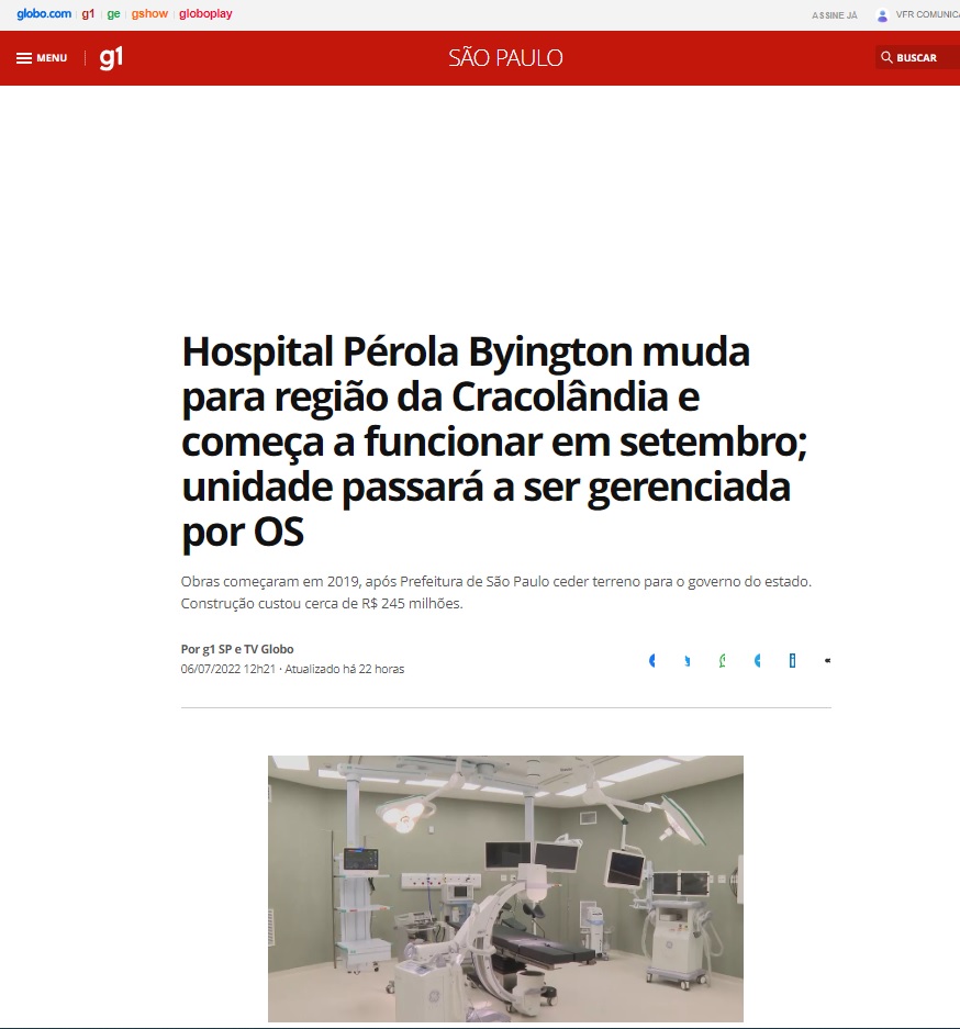Novo Hospital Pérola Byington, localizado no centro de São Paulo, deve começar a funcionar em setembro; unidade passará a ser gerenciada por OS